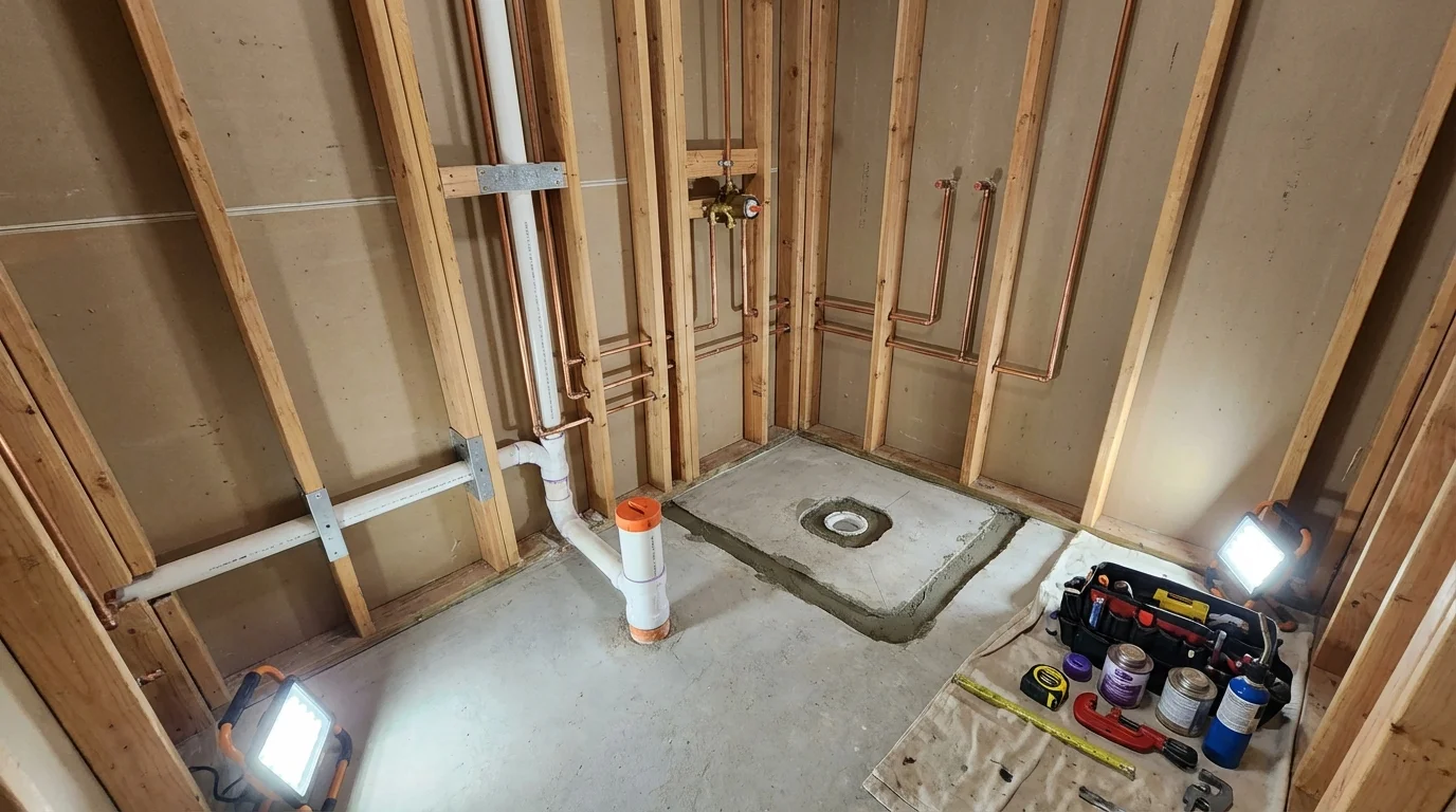 Bathroom rough-in plumbing during remodel by Johns Plumbing LLC in Nokesville