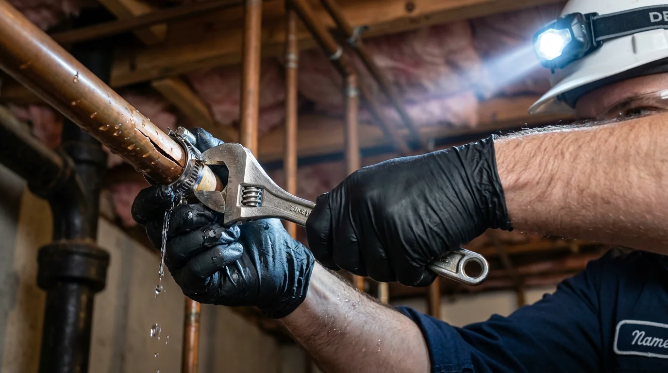 Emergency pipe clamp repair being performed by a Johns Plumbing LLC plumber in Nokesville