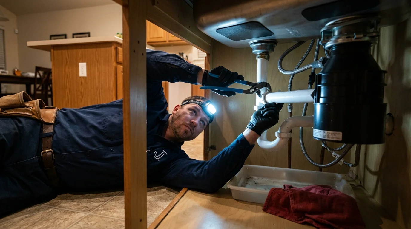 P-trap and supply line connections under a kitchen sink showing a common leak point in Nokesville, VA